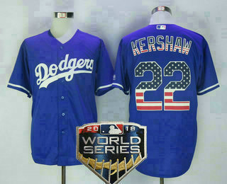 Men's Los Angeles Dodgers #22 Clayton Kershaw Royal Blue 2018 World Series Patch Stitched MLB USA Flag Fashion Jersey