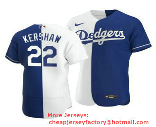 Men's Los Angeles Dodgers #22 Clayton Kershaw Split White Blue Two Tone Stitched MLB Flex Base Nike Jersey