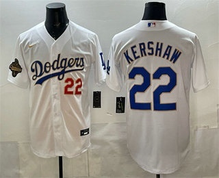 Men's Los Angeles Dodgers #22 Clayton Kershaw White 2025 World Series Champions Patch Stitched Jersey