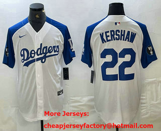 Men's Los Angeles Dodgers #22 Clayton Kershaw White Blue Fashion Stitched Cool Base Limited Jersey 12