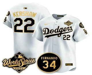 Men's Los Angeles Dodgers #22 Clayton Kershaw White Gold 2025 World Series Patch Limited Stitched Jersey