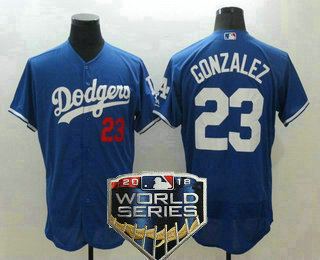 Men's Los Angeles Dodgers #23 Adrian Gonzalez Royal Blue 2018 World Series Patch Stitched MLB Majestic Flex Base Jersey