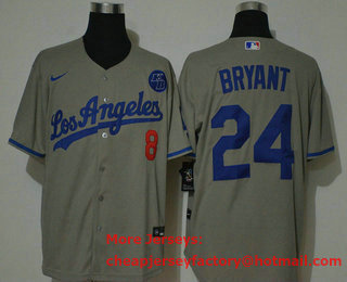 Men's Los Angeles Dodgers #24 Kobe Bryant Grey KB Patch Stitched MLB Cool Base Nike Jersey With front Number 8