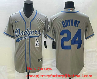 Men's Los Angeles Dodgers #24 Kobe Bryant Grey With Patch Cool Base Stitched Baseball Jersey 02