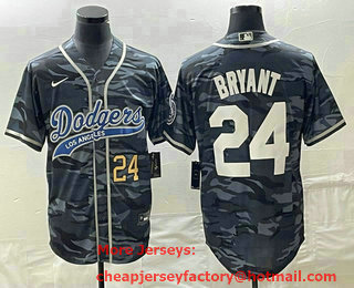 Men's Los Angeles Dodgers #24 Kobe Bryant Number Gray Camo Cool Base With Patch Stitched Baseball Jersey 01