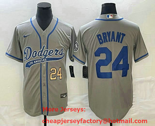 Men's Los Angeles Dodgers #24 Kobe Bryant Number Grey With Patch Cool Base Stitched Baseball Jersey 01