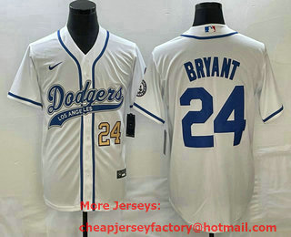 Men's Los Angeles Dodgers #24 Kobe Bryant Number White With Patch Cool Base Stitched Baseball Jersey 01