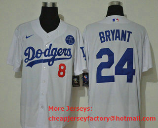 Men's Los Angeles Dodgers #24 Kobe Bryant White KB Patch Stitched MLB Cool Base Nike Jersey With front Number 8