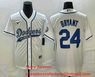Men's Los Angeles Dodgers #24 Kobe Bryant White With Patch Cool Base Stitched Baseball Jersey 02