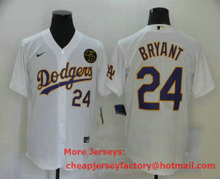 Men's Los Angeles Dodgers #24 Kobe Bryant White With Purple Name KB Patch Stitched MLB Cool Base Nike Jersey