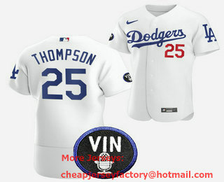 Men's Los Angeles Dodgers #25 Trayce Thompson 2022 White Vin Scully Patch Flex Base Stitched Baseball Jersey