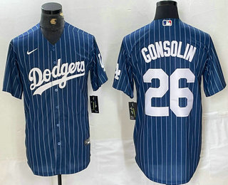 Men's Los Angeles Dodgers #26 Tony Gonsolin Navy Blue Pinstripe Stitched MLB Cool Base Nike Jersey