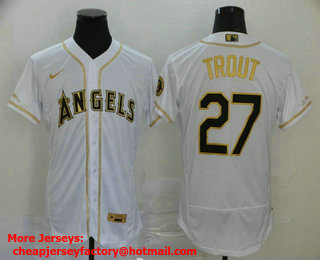 Men's Los Angeles Angels #27 Mike Trout White With Gold Stitched MLB Flex Base Nike Jersey