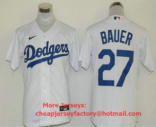 Men's Los Angeles Dodgers #27 Trevor Bauer White Stitched MLB Cool Base Nike Jersey