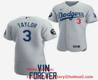 Men's Los Angeles Dodgers #3 Chris Taylor 2022 Grey Vin Scully Patch Flex Base Stitched Baseball Jersey