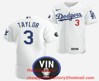 Men's Los Angeles Dodgers #3 Chris Taylor 2022 White Vin Scully Patch Flex Base Stitched Baseball Jersey