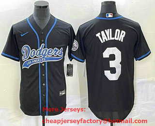Men's Los Angeles Dodgers #3 Chris Taylor Black With Patch Cool Base Stitched Baseball Jersey 01