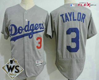 Men's Los Angeles Dodgers #3 Chris Taylor Gray Alternate 2017 World Series Patch Stitched MLB Flex Base Jersey