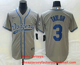 Men's Los Angeles Dodgers #3 Chris Taylor Grey With Patch Cool Base Stitched Baseball Jersey 01