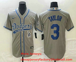 Men's Los Angeles Dodgers #3 Chris Taylor Grey With Patch Cool Base Stitched Baseball Jersey 02