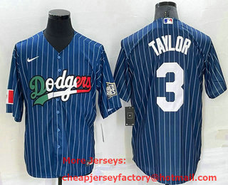 Men's Los Angeles Dodgers #3 Chris Taylor Navy Blue Pinstripe 2020 World Series Cool Base Nike Jersey