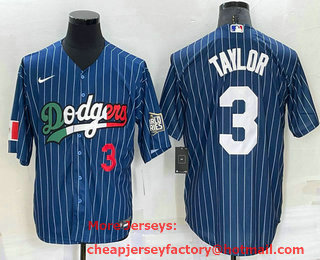 Men's Los Angeles Dodgers #3 Chris Taylor Number Navy Blue Pinstripe 2020 World Series Cool Base Nike Jersey