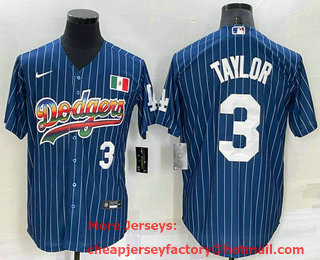 Men's Los Angeles Dodgers #3 Chris Taylor Number Rainbow Blue Red Pinstripe Mexico Cool Base Nike Jersey 01