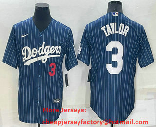 Men's Los Angeles Dodgers #3 Chris Taylor Number Red Navy Blue Pinstripe Stitched MLB Cool Base Nike Jersey