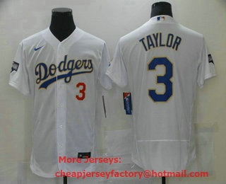 Men's Los Angeles Dodgers #3 Chris Taylor White Gold Champions Patch Stitched MLB Flex Base Nike Jersey