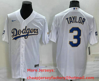 Men's Los Angeles Dodgers #3 Chris Taylor White Gold Championship Stitched MLB Cool Base Nike Jersey