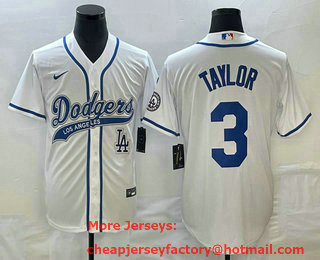 Men's Los Angeles Dodgers #3 Chris Taylor White With Patch Cool Base Stitched Baseball Jersey 01