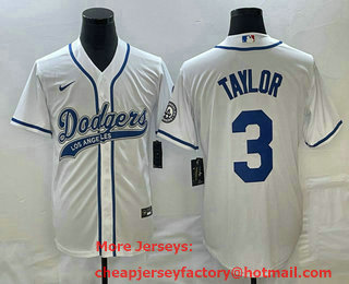 Men's Los Angeles Dodgers #3 Chris Taylor White With Patch Cool Base Stitched Baseball Jersey 02