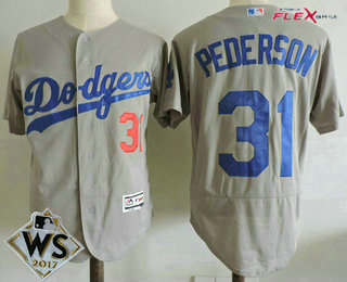 Men's Los Angeles Dodgers #31 Joc Pederson Gray Alternate 2017 World Series Patch Stitched MLB Flex Base Jersey