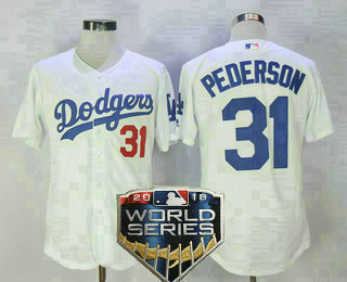 Men's Los Angeles Dodgers #31 Joc Pederson White Home 2018 World Series Patch Stitched MLB Majestic Flex Base Jersey