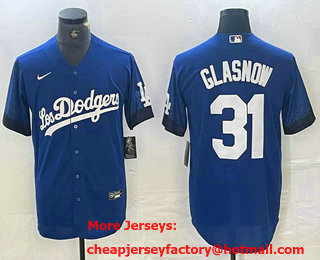 Men's Los Angeles Dodgers #31 Tyler Glasnow Blue 2021 City Connect Cool Base Stitched Jersey 01