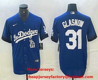 Men's Los Angeles Dodgers #31 Tyler Glasnow Blue 2021 City Connect Cool Base Stitched Jersey 02