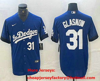 Men's Los Angeles Dodgers #31 Tyler Glasnow Number Blue 2021 City Connect Cool Base Stitched Jersey 01