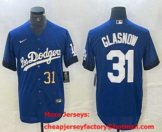 Men's Los Angeles Dodgers #31 Tyler Glasnow Number Blue 2021 City Connect Cool Base Stitched Jersey 02