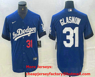 Men's Los Angeles Dodgers #31 Tyler Glasnow Number Blue 2021 City Connect Cool Base Stitched Jersey 03
