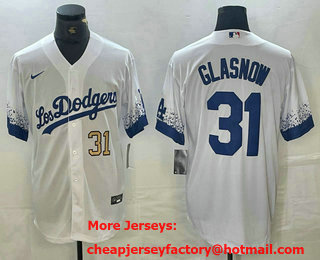 Men's Los Angeles Dodgers #31 Tyler Glasnow Number White 2021 City Connect Cool Base Stitched Jersey 01
