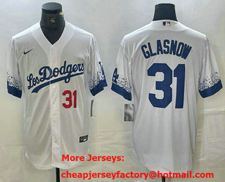 Men's Los Angeles Dodgers #31 Tyler Glasnow Number White 2021 City Connect Cool Base Stitched Jersey 02