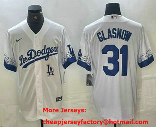 Men's Los Angeles Dodgers #31 Tyler Glasnow White 2021 City Connect Cool Base Stitched Jersey 01