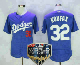 Men's Los Angeles Dodgers #32 Sandy Koufax Retired Blue 2018 World Series Patch Stitched MLB Majestic Flex Base Jersey