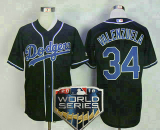 Men's Los Angeles Dodgers #34 Fernando Valenzuela 2018 World Series Patch Black Fashion Stitched MLB Majestic Cool Base Jersey