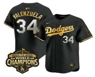 Men's Los Angeles Dodgers #34 Fernando Valenzuela Black Gold 2025 Back to Back Champions Patch Limited Stitched Jersey