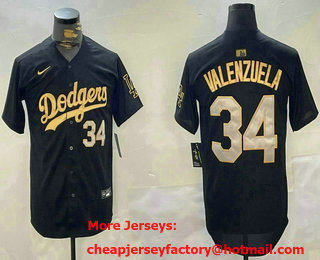 Men's Los Angeles Dodgers #34 Fernando Valenzuela Black Gold Stitched Cool Base Jersey