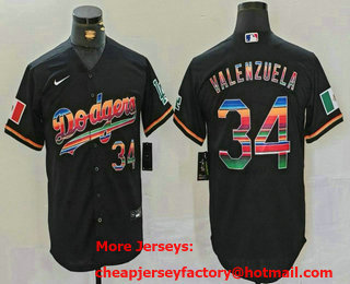 Men's Los Angeles Dodgers #34 Fernando Valenzuela Black Rainbow Mexico Cool Base Stitched Jersey