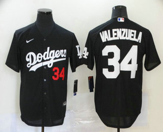 Men's Los Angeles Dodgers #34 Fernando Valenzuela Black Stitched MLB Cool Base Nike Jersey