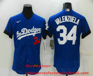 Men's Los Angeles Dodgers #34 Fernando Valenzuela Blue 2021 City Connect Flex Base Stitched Jersey