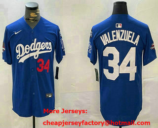 Men's Los Angeles Dodgers #34 Fernando Valenzuela Blue 2024 World Series Champions Fernando 34 Patch Limited Jersey